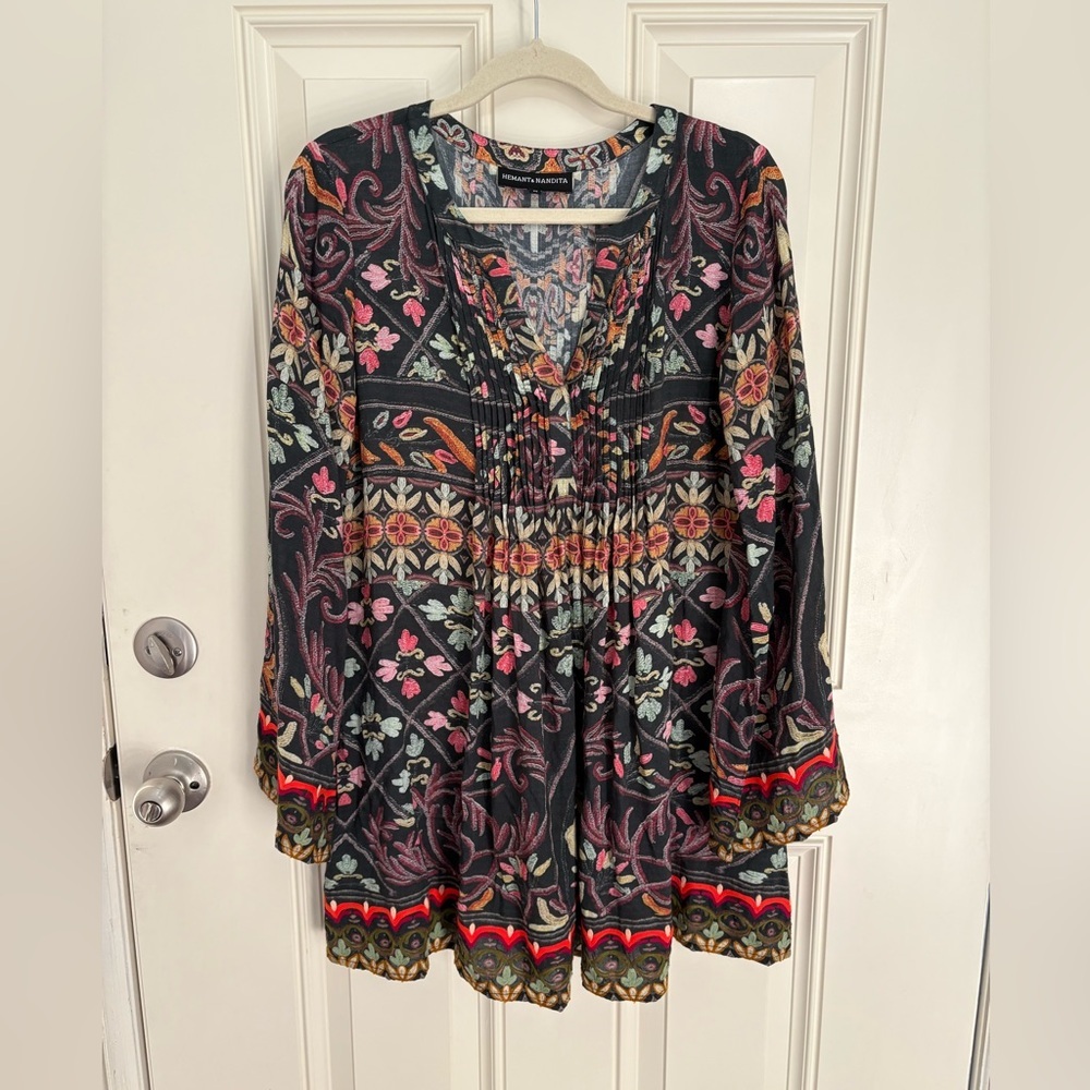 HEMANT & NANDITA Black Floral-Print Mini Dress with Multicolor Accents